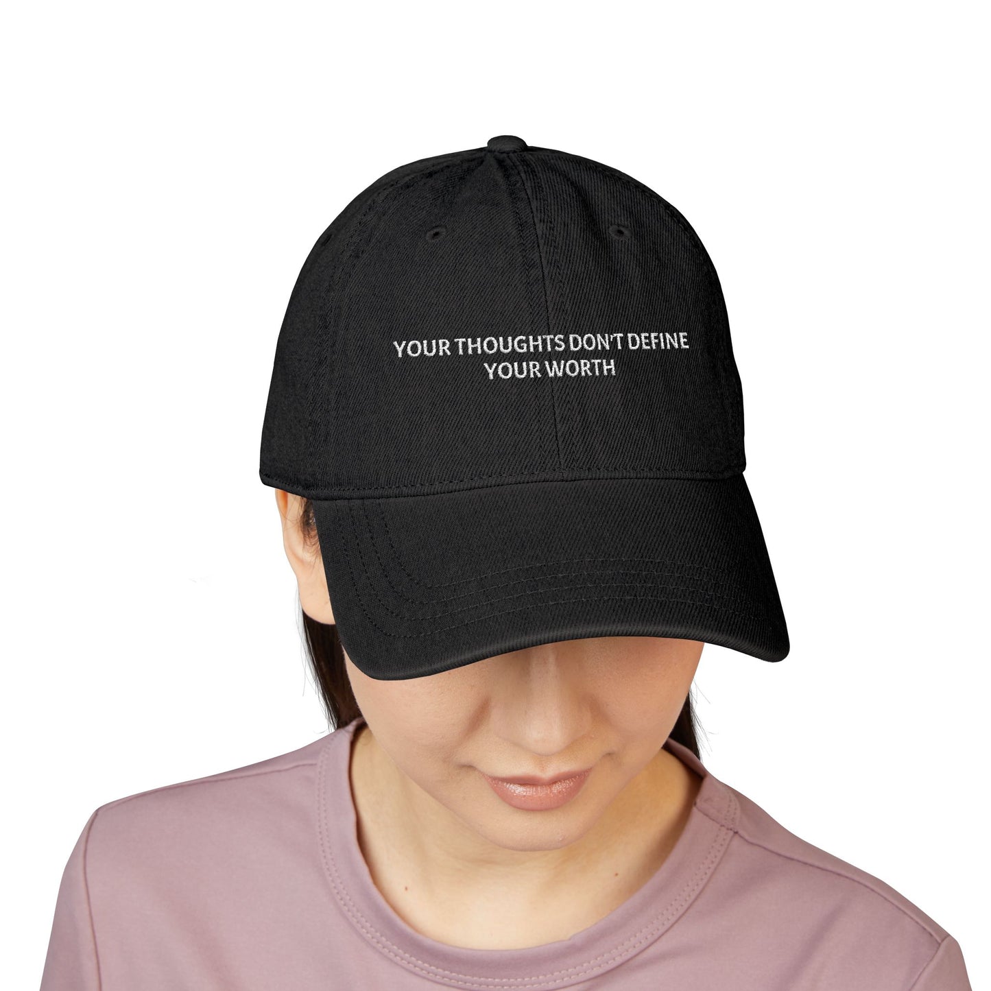 Embroidered Denim Hat — "Your Thoughts Don't Define Your Worth" Inspirational Cap