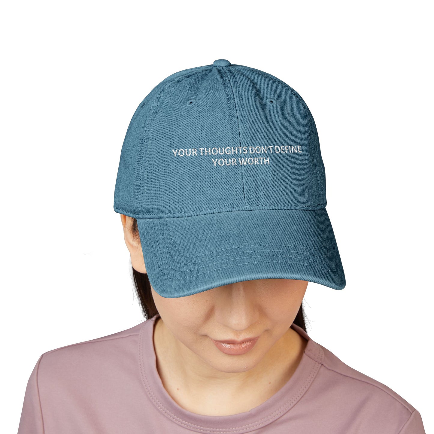 Embroidered Denim Hat — "Your Thoughts Don't Define Your Worth" Inspirational Cap