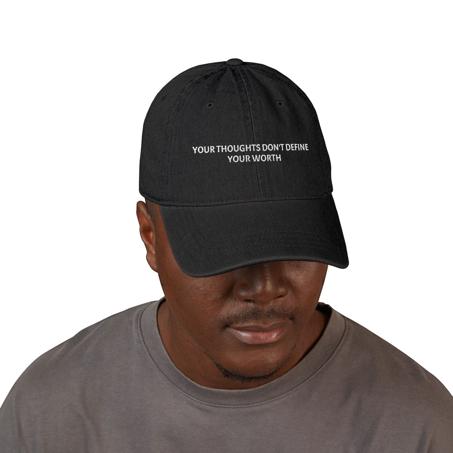 Embroidered Denim Hat — "Your Thoughts Don't Define Your Worth" Inspirational Cap